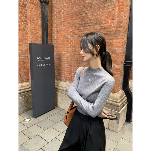 pusumede黑色半高领针织衫女秋冬基础百搭打底衫毛衣正肩长袖上衣 - 图1