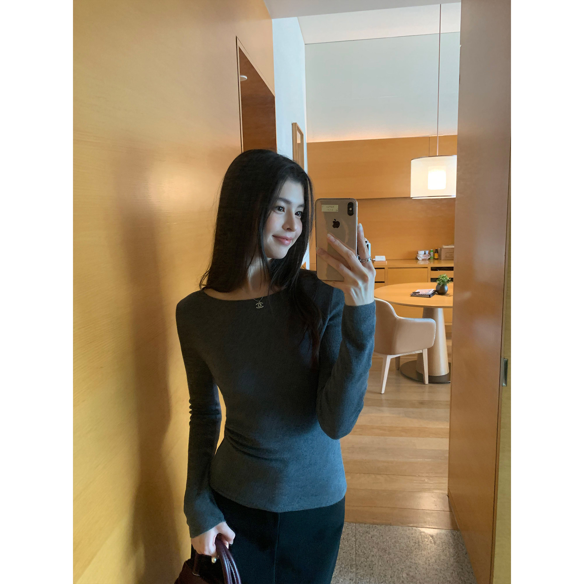 pusumede 柔软法则 一字船领羊毛针织衫女气质修身长袖打底上衣