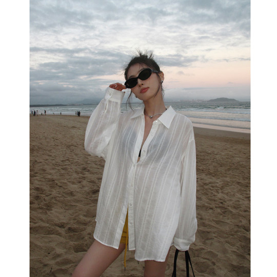 pusumede乔妹同款!条纹长袖衬衫女微透防晒衬衣肌理慵懒气质上衣