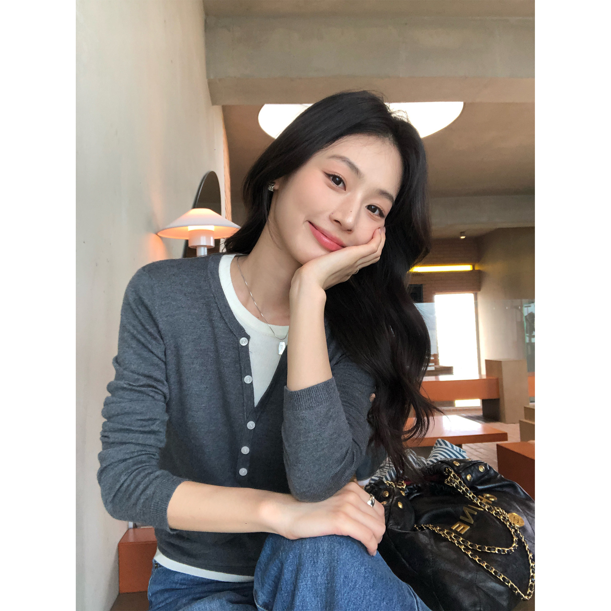 pusumede 简色画轴 设计感假两件针织衫女内搭外穿撞色长袖上衣