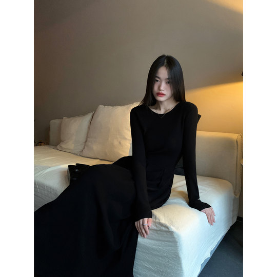 pusumede 黑色长袖针织连衣裙气质打底毛衣裙女拼接设计修身长裙