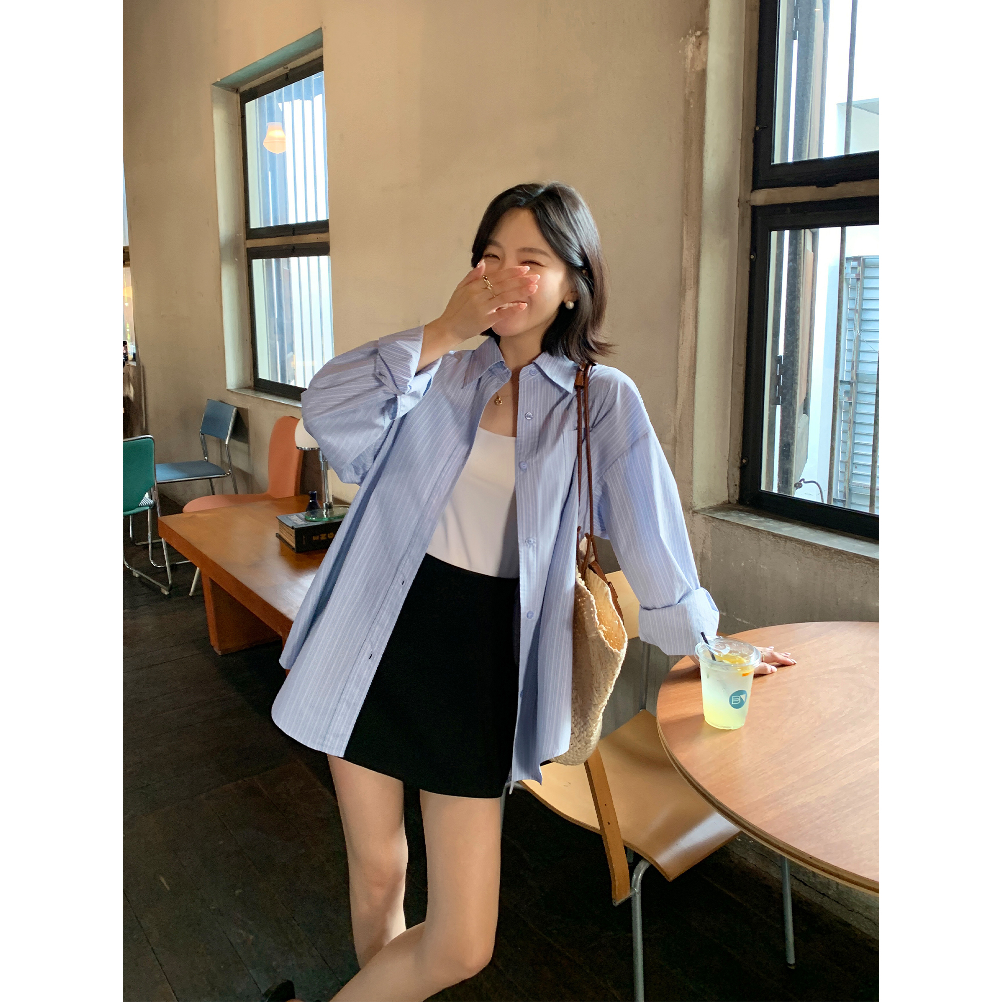 pusumede 高级感蓝色条纹衬衫女韩系宽松长袖衬衣设计感小众上衣