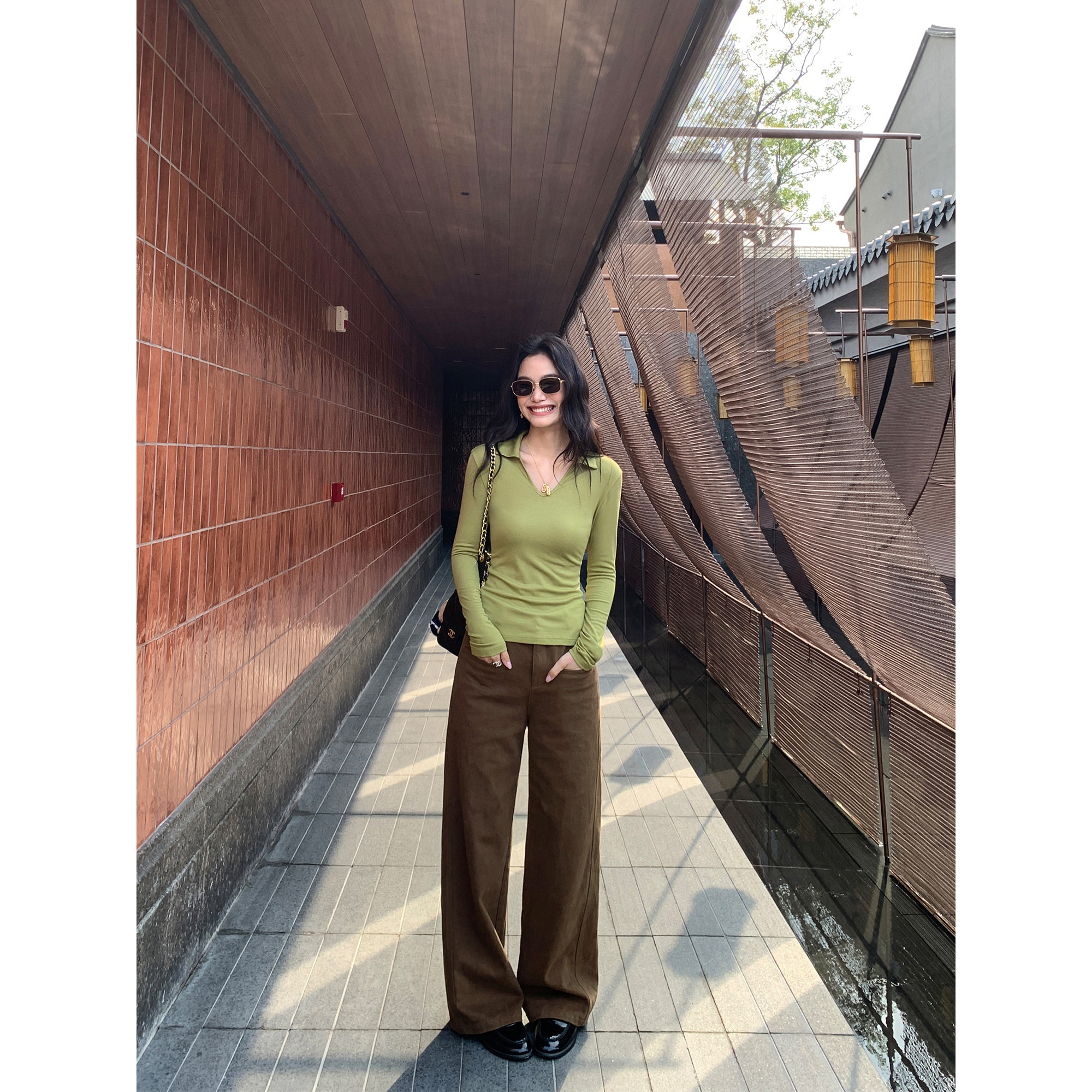 pusumede 休闲周末 深咖色全棉直筒休闲裤女复古宽松阔腿拖地长裤,淘宝优惠券,粉丝福利购,淘宝优惠卷