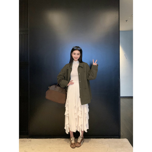 pusumede【现货6折】军绿色工装外套女宽松休闲翻领加厚夹棉夹克 - 图3