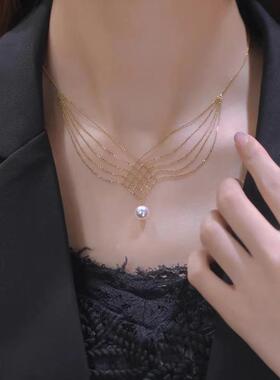 轻奢气质时尚锁骨链吊坠鱼尾蕾丝项链小众高级感网格设计颈链定制