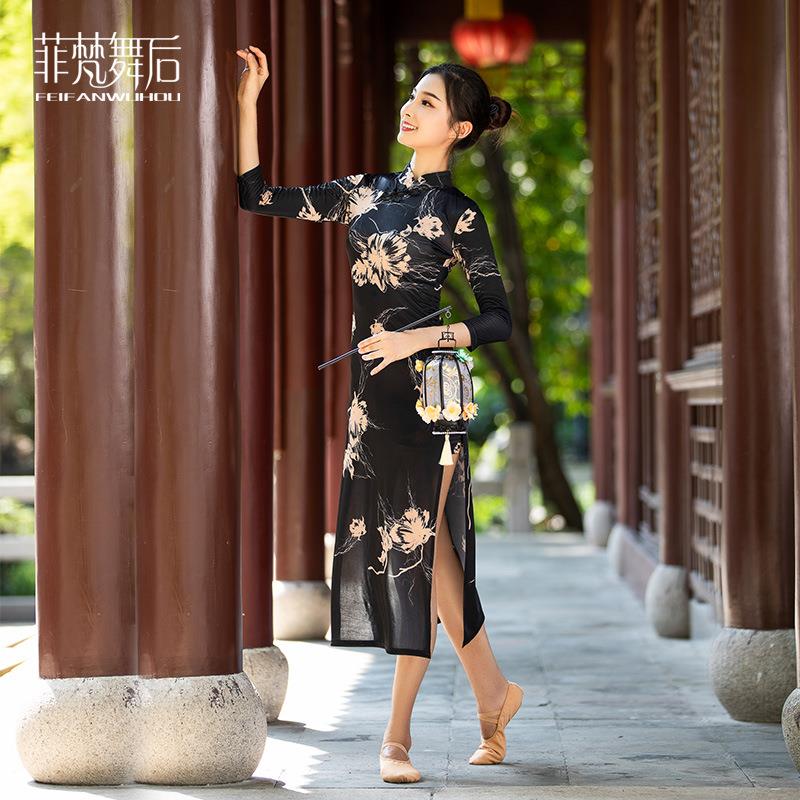 菲梵舞后 弹力印花中国风古典舞旗袍开叉旗袍舞蹈演出服拉丁旗袍
