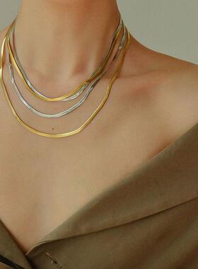 欧美个性辣妹百搭钛钢双层叠戴项链女ins素链蛇骨链刀片链锁定制