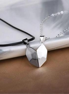 许愿石情侣项链心形吊坠拼接锁骨链创意磁铁相吸吊坠热款定制