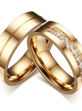 couple ring简约钛钢情侣戒指对戒电镀金色戒指镶锆石饰品 CR定制
