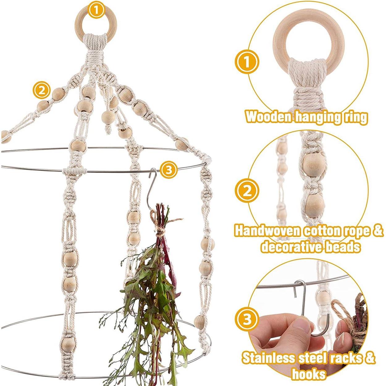 手工编织悬挂草本植物香料花干燥机带棉绳木挂环草本衣架香草架 - 图1