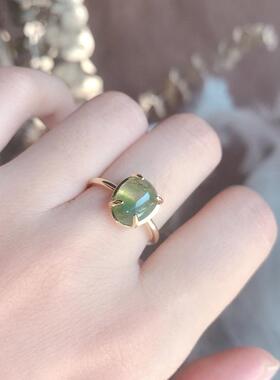 日系轻奢新品天然海藻绿玛瑙水草石925银戒指复古简约水滴型 戒指