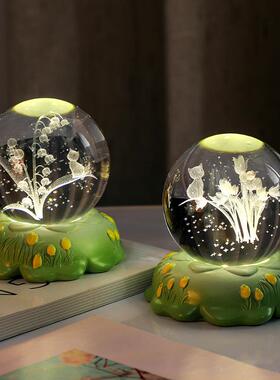 玫瑰花田园风新款内雕球小夜灯氛围灯树脂工艺品摆件礼物定制