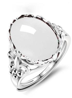 仿真绿玛瑙镶嵌玉髓戒指女宝石复古食指开口可调戒指女定制