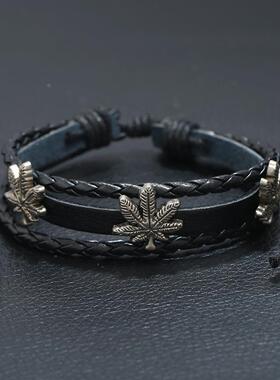 厂价直销 欧美编织饰品 简约串珠枫叶男士手链 热销手饰定制