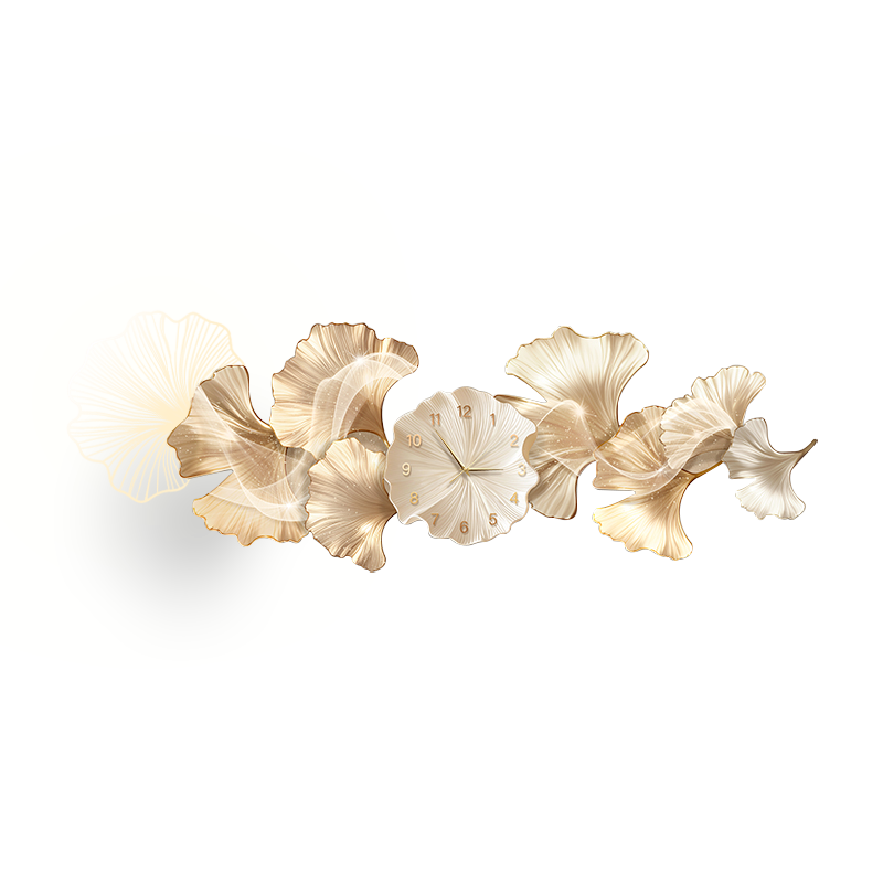 银杏叶客厅装饰画带钟表轻奢创意卧室床头挂钟挂画沙发背景墙灯画 - 图0