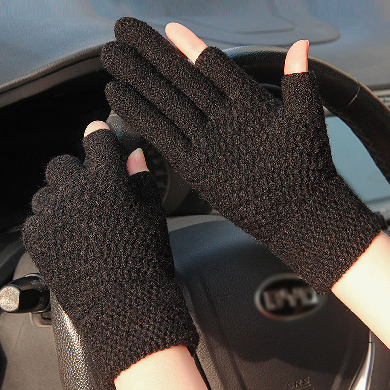 触屏手套男女士冬季保暖加绒加厚半指毛线写字学生露两指工作开车