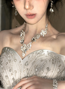 超闪水滴满钻流苏项链耳环套装