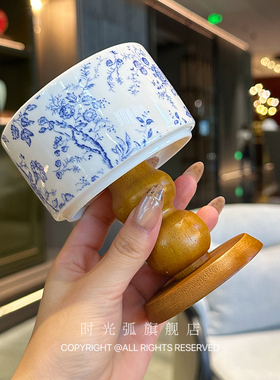法式青花高脚碗摆件 ins高颜值饰品收纳碗 木质甜品碗拍照装饰道