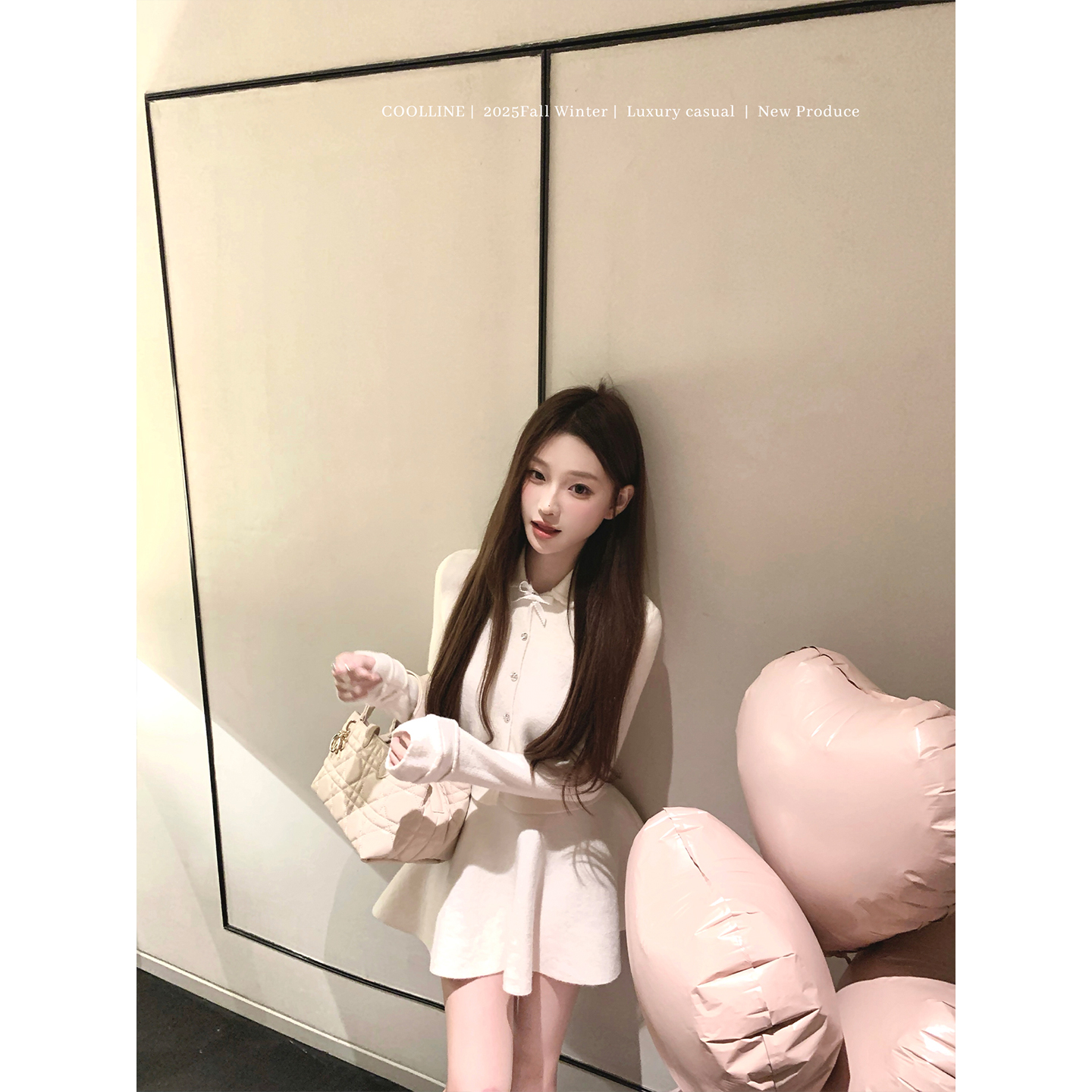 COOLLINE林子熙 首尔恋人 两色娃娃领针织套装显白蔷薇粉上衣半裙 - 图3