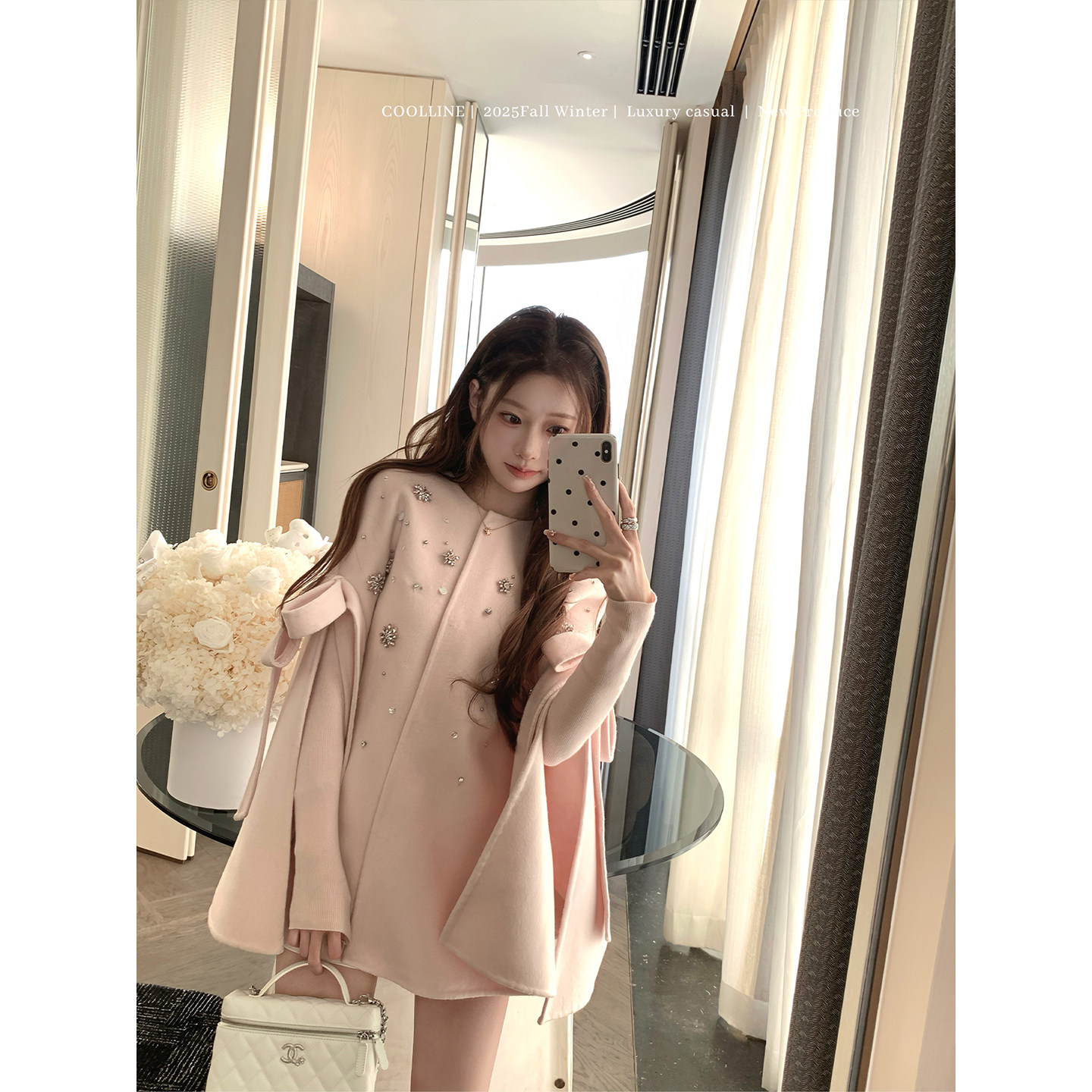 COOLLINE林子熙 繁星 粉色重工千金感斗篷大衣女精致系带外套上衣,淘宝优惠券,粉丝福利购,淘宝优惠卷