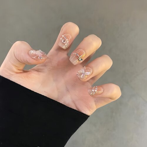 曼辞纯手工定制穿戴甲新娘结婚穿戴甲美甲贴片蝴蝶猫眼钻石假指甲 - 图3