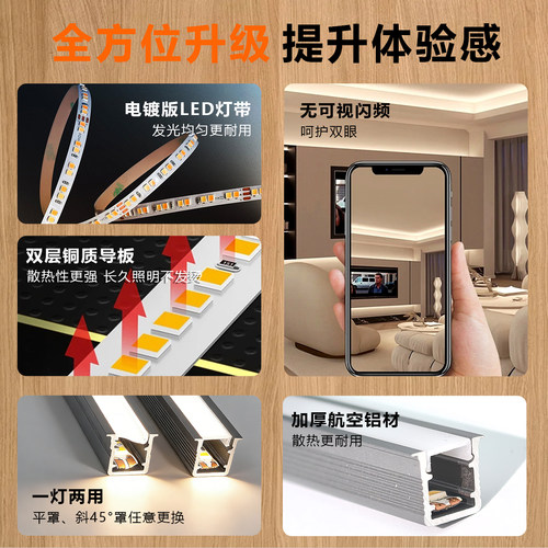 升级2.0款嵌入式电镀版全光谱LED橱柜灯带加厚铝材一灯两用平灯罩 - 图0