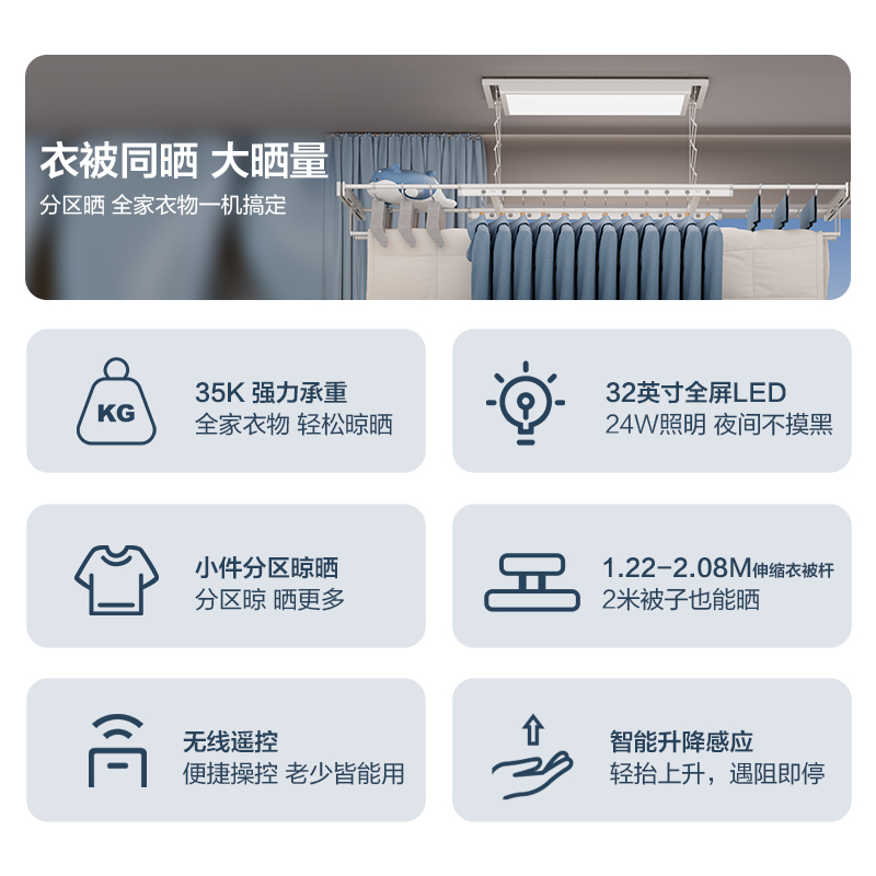 四季沐歌电动晾衣架遥控升降阳台家用隐藏晾衣杆晒衣架奶白小云顶 - 图3