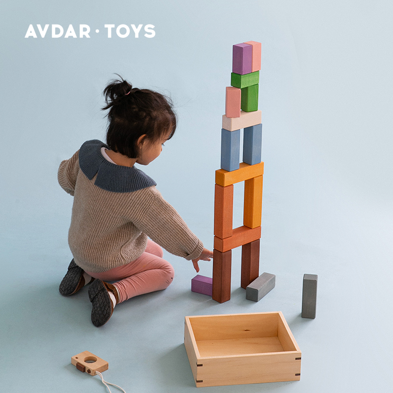 AVDAR彩虹椴木实木方块儿童益智玩具早教拼搭建宝宝礼物6色24块 - 图1