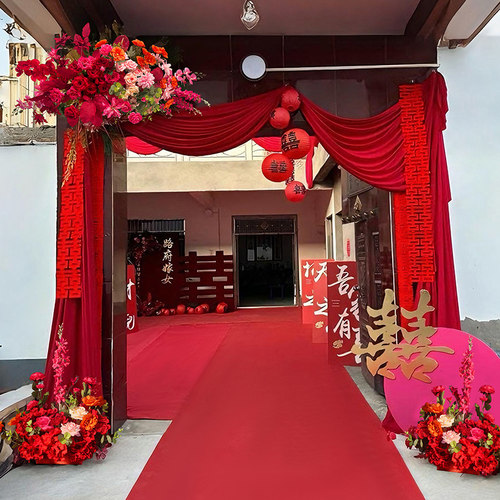 结婚庭院布置农村自建房院子大门口婚礼喜字拉花灯笼小区瀑布装饰 - 图0