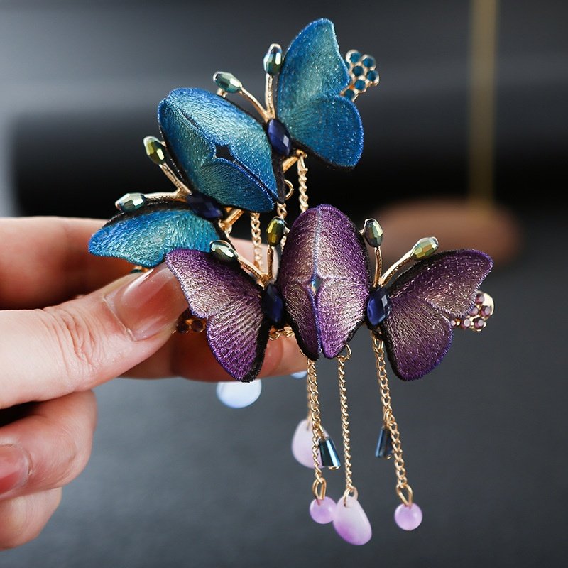 复古刺绣布蝴蝶流苏发夹网红风时尚一字夹新中式古风盘发合金顶夹,淘宝优惠券,粉丝福利购,淘宝优惠卷