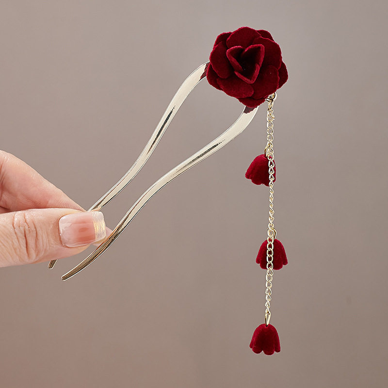 新中式红色玫瑰流苏发簪古风婚庆头饰喜庆发钗新年氛围感气质头饰,淘宝优惠券,粉丝福利购,淘宝优惠卷