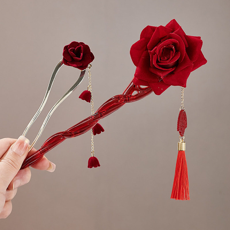 新中式红色玫瑰流苏发簪古风婚庆头饰喜庆发钗新年氛围感气质头饰,淘宝优惠券,粉丝福利购,淘宝优惠卷