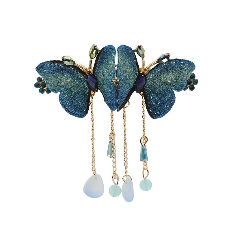 复古刺绣布蝴蝶流苏发夹网红风时尚一字夹新中式古风盘发合金顶夹,淘宝优惠券,粉丝福利购,淘宝优惠卷