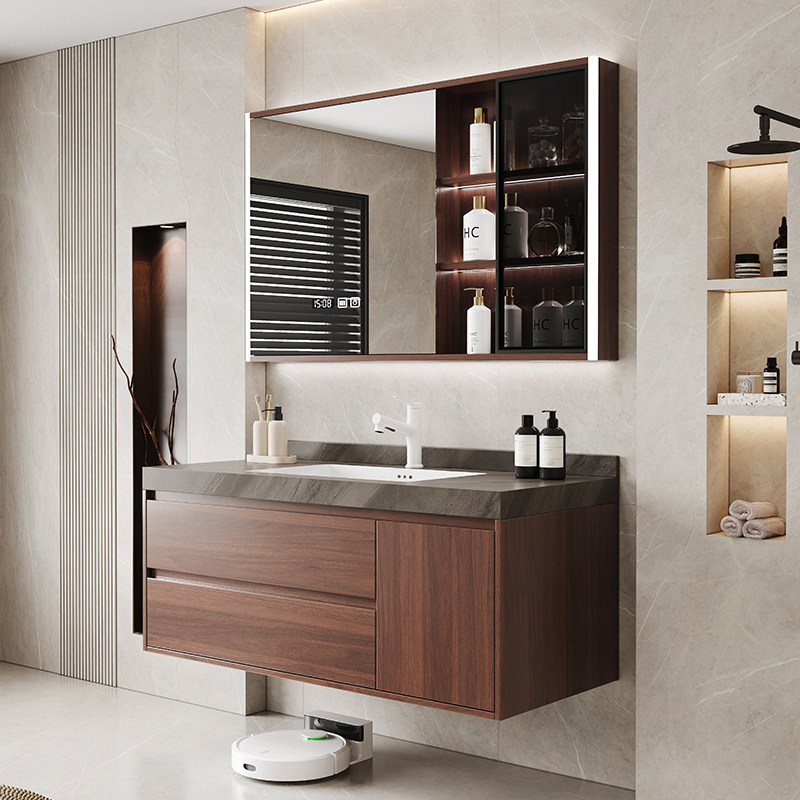 中古风胡桃木色岩板陶瓷一体盆浴室柜卫生间洗漱台洗手盆柜组合,淘宝优惠券,粉丝福利购,淘宝优惠卷