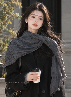 文艺风褶皱薄款围巾女丝巾系脖