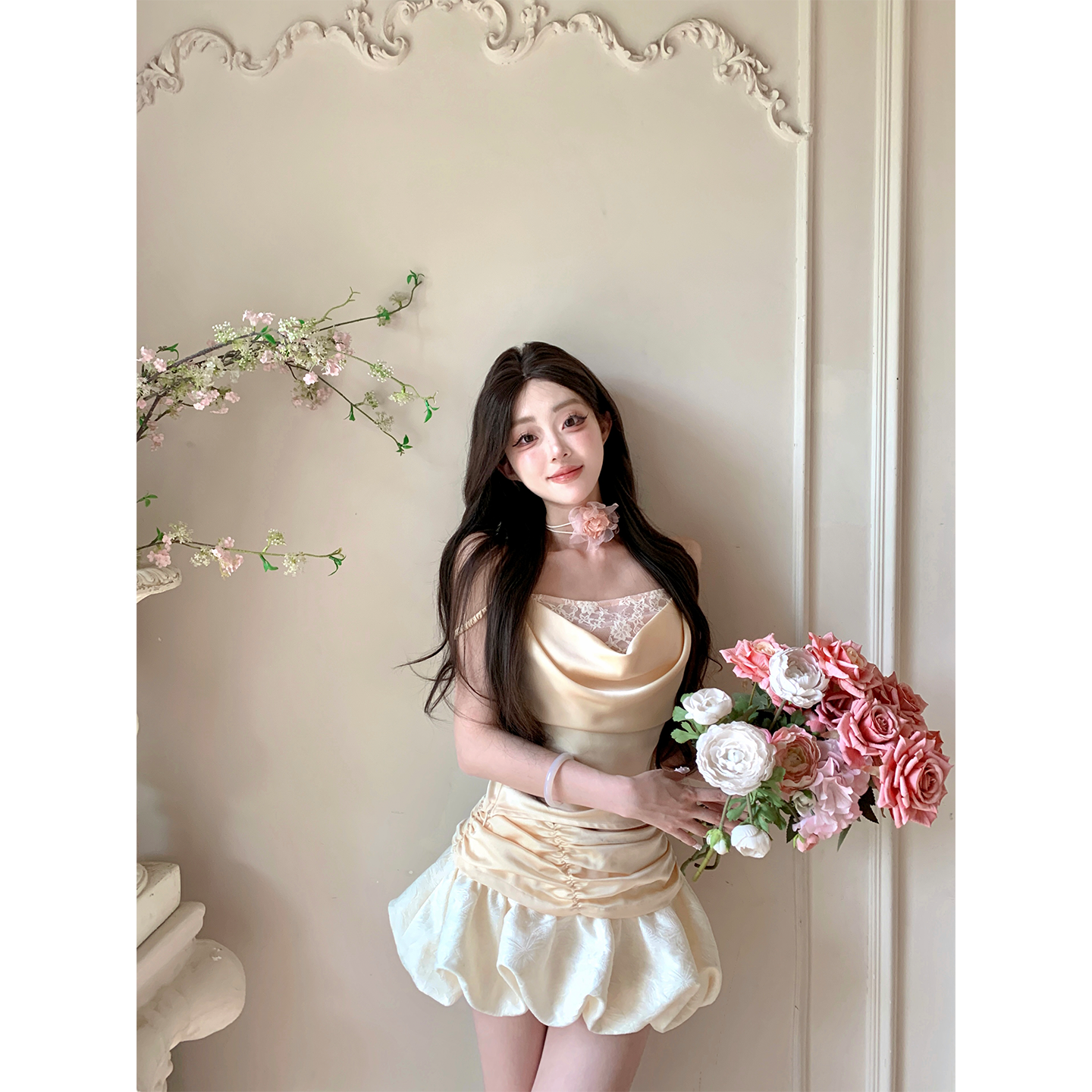 甜梨呆呆  萝铃少女 夏季套装女蕾丝背心吊带+高腰花苞短裙两件套,淘宝优惠券,粉丝福利购,淘宝优惠卷