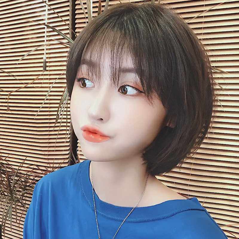 正品假发短发女夏自然真人发丝网红圆脸短发造型波波头全头套式假