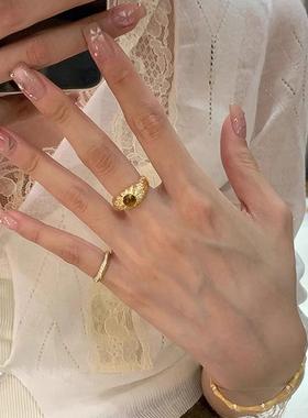 中古金色虎眼石戒指女纯银金属拉丝指环复古高级感微镶锆石食指戒