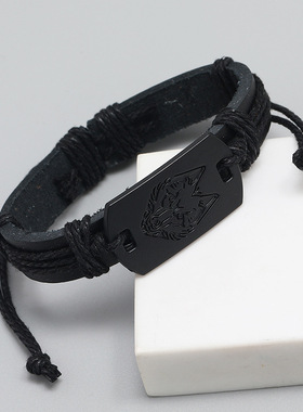 欧美朋克风男士皮革手环 黑色狼头手链 多层编织手环皮绳 送男友