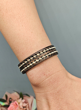 复古黑色手环做旧简约可调手工编织牛皮手链个性潮流学生真皮男女