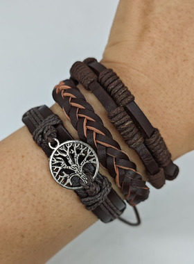 生命树手链三件套装可调节个性小众手环PU学生多层小众欧美跨境