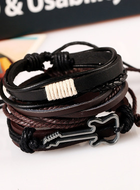 欧美风简约复古编织牛皮手链合金吉他真皮手链多层套装