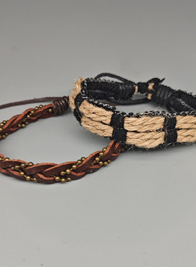 复古个性编织珠链皮革手链欧美热销饰品时尚可调男士手饰小众