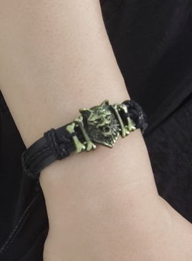 藏式民族风狼头爆款霸气个性手环网红皮革手链可调节编织手绳