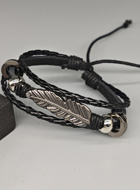 欧美跨境时尚流行饰品简约合金羽毛串珠皮革手链个性潮流男女手环