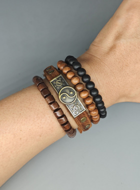 欧美民族简约复古合金八卦牛皮手链手绳森系配饰多层四件套装