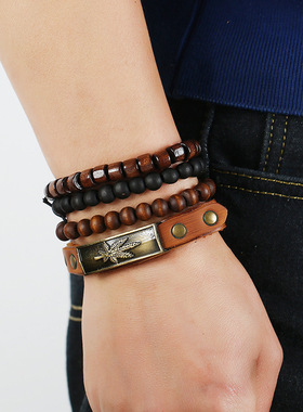 欧美新款跨境货源DIY木珠套装牛皮手链合金枫叶复古风真皮手链