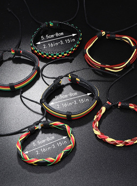 跨境热销牙买加红黄绿手工编织皮革手链嘻哈hiphop街舞皮革饰品