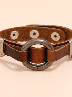 2021新款创意个性男士牛皮手链欧美潮流饰品简约复古圆圈朋克手环