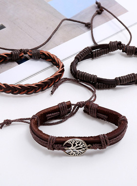 跨境热销饰品diy生命树套装牛皮手链复古编织男士配饰皮革手镯